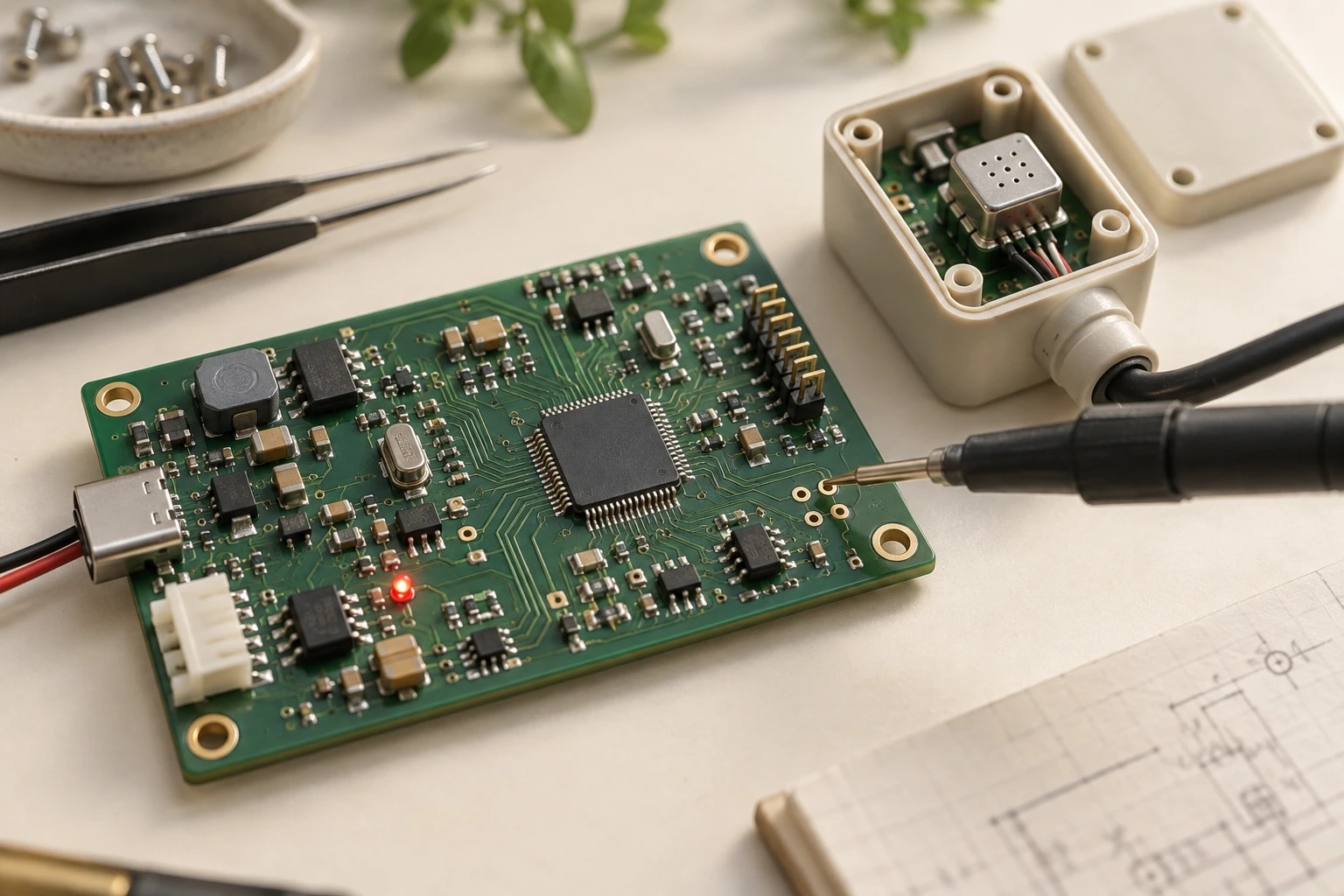 Bağlantılı sensör muhafazası ve elektronik kartı gösteren temsili IoT prototipi.