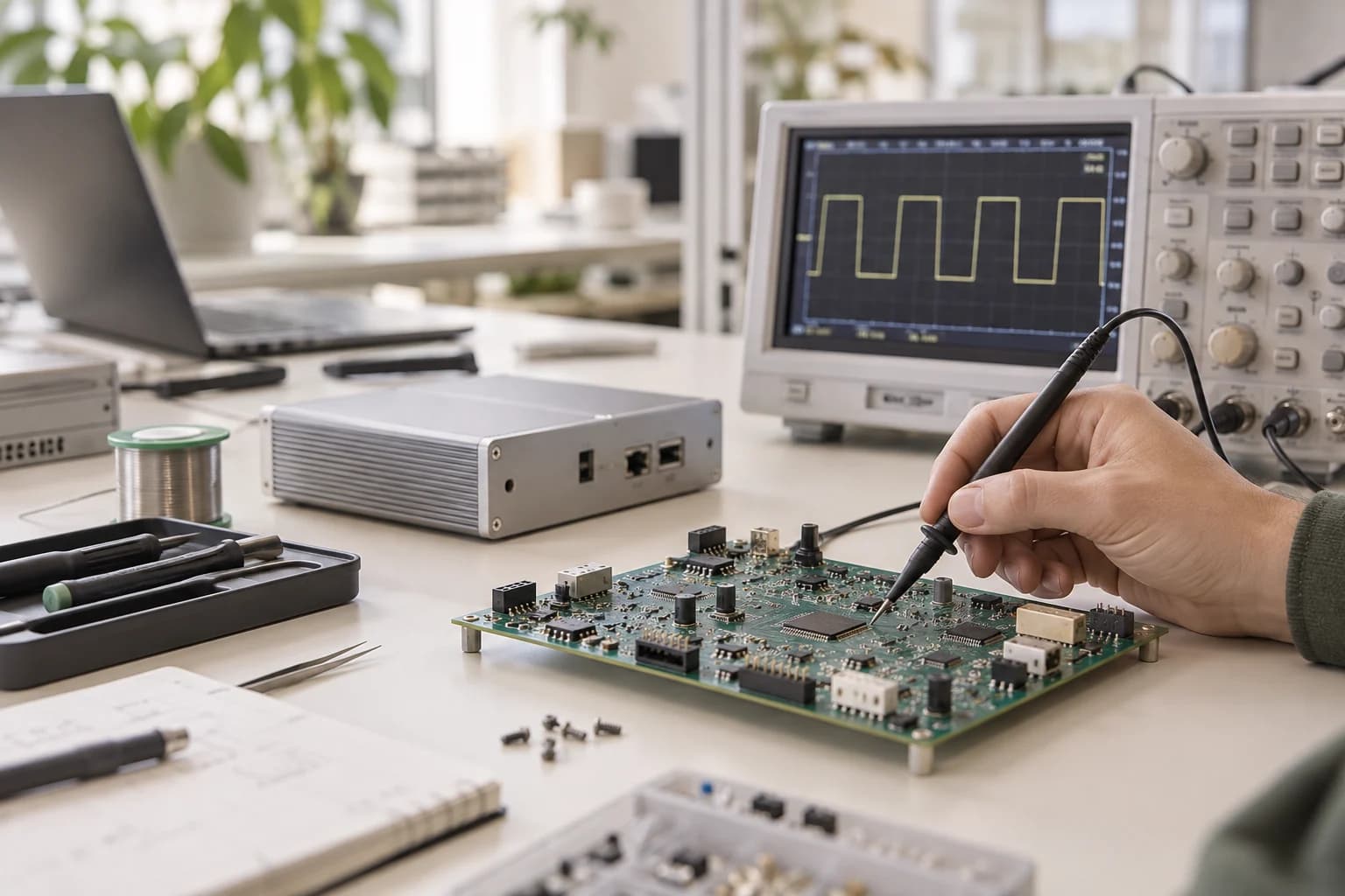 Elektronik kartların ve test ekipmanlarının yer aldığı temsili mühendislik laboratuvarı.